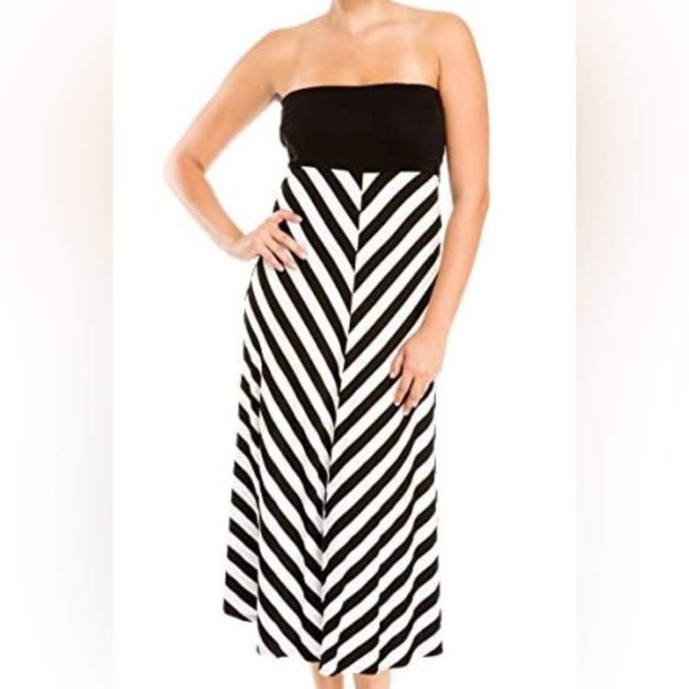 Evogues Womens Dress/Skirt Black Striped Strapless Straight Long Maxi Size L